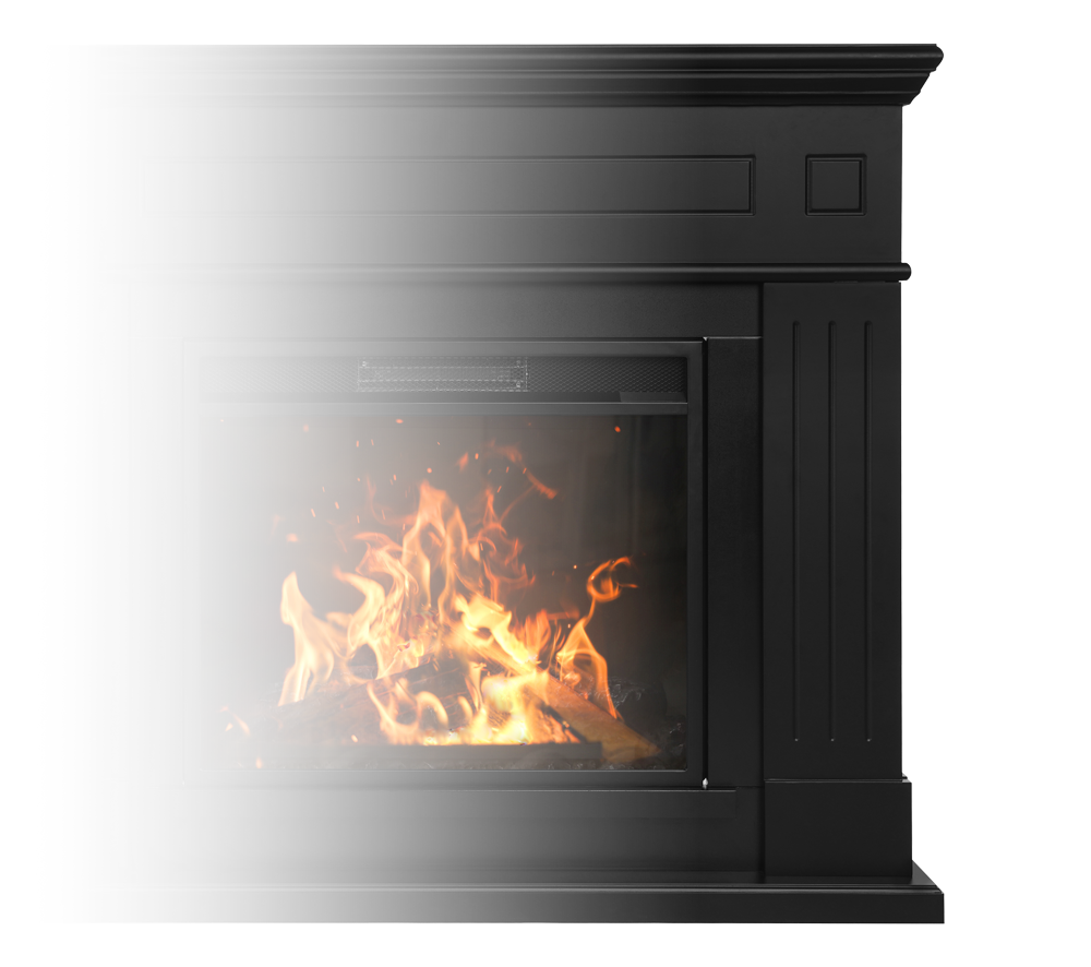 Modern black fireplace with bright flames burning on a dark background, showcasing elegant design and warmth.