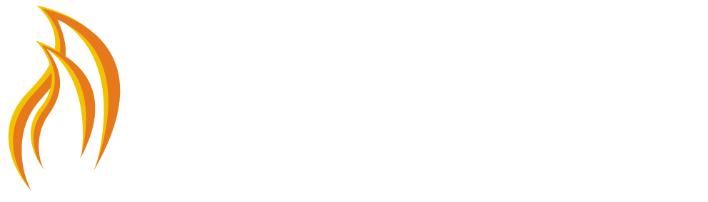 Fireside Hearth & Home logo with stylized flame design, white text on black background.