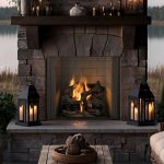 Cozy stone fireplace with glowing lanterns and a crackling fire, perfect for a relaxing evening by the lake.