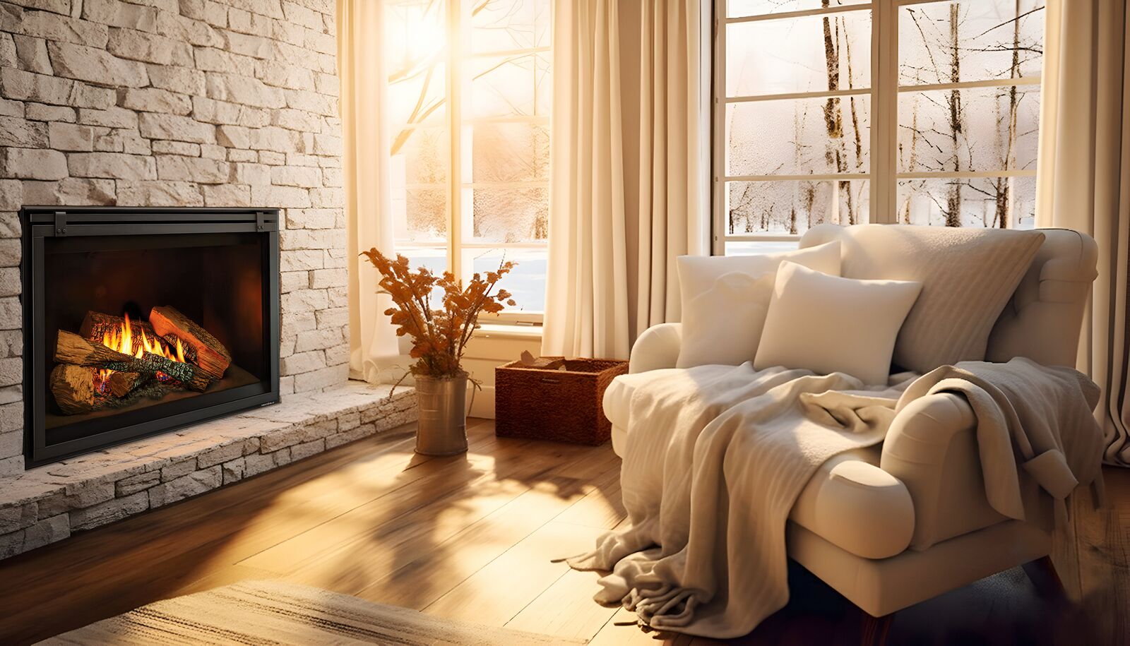 Cozy living room with fireplace, white armchair, and soft lighting, perfect for winter relaxation and comfort.