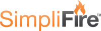 SimpliFire logo with stylish orange flame design, emphasizing warmth and comfort in modern electric fireplaces.
