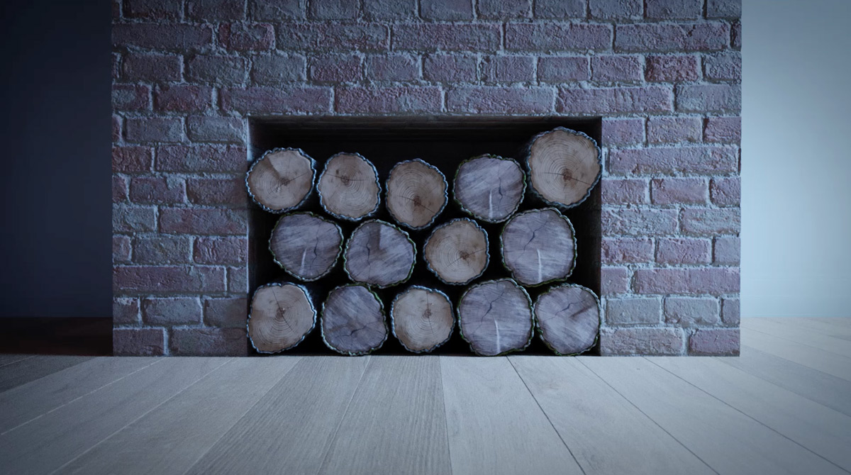 Stack of firewood logs in a rustic brick fireplace on a wooden floor.