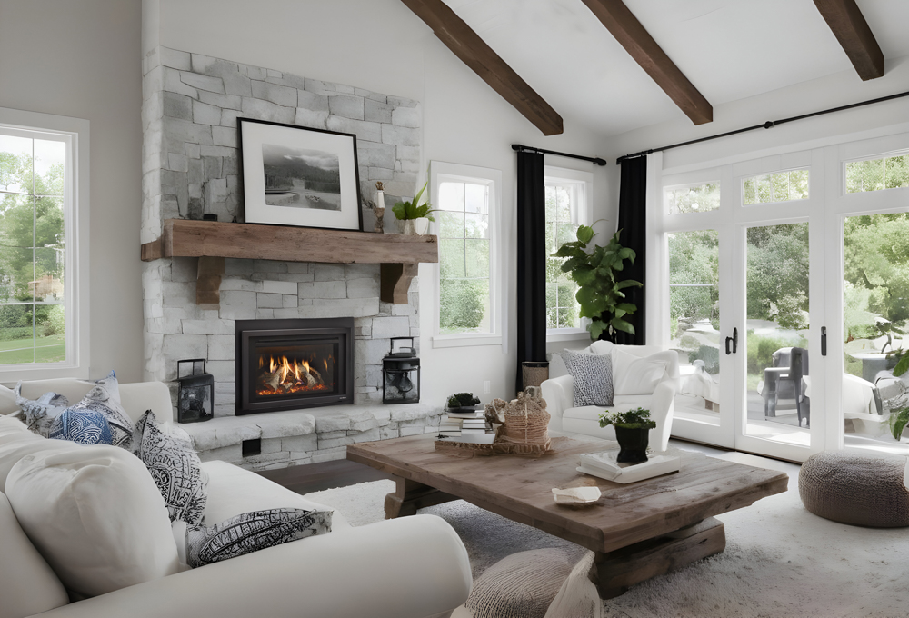 Modern living room with stone fireplace, wooden beams, and large windows overlooking a garden.